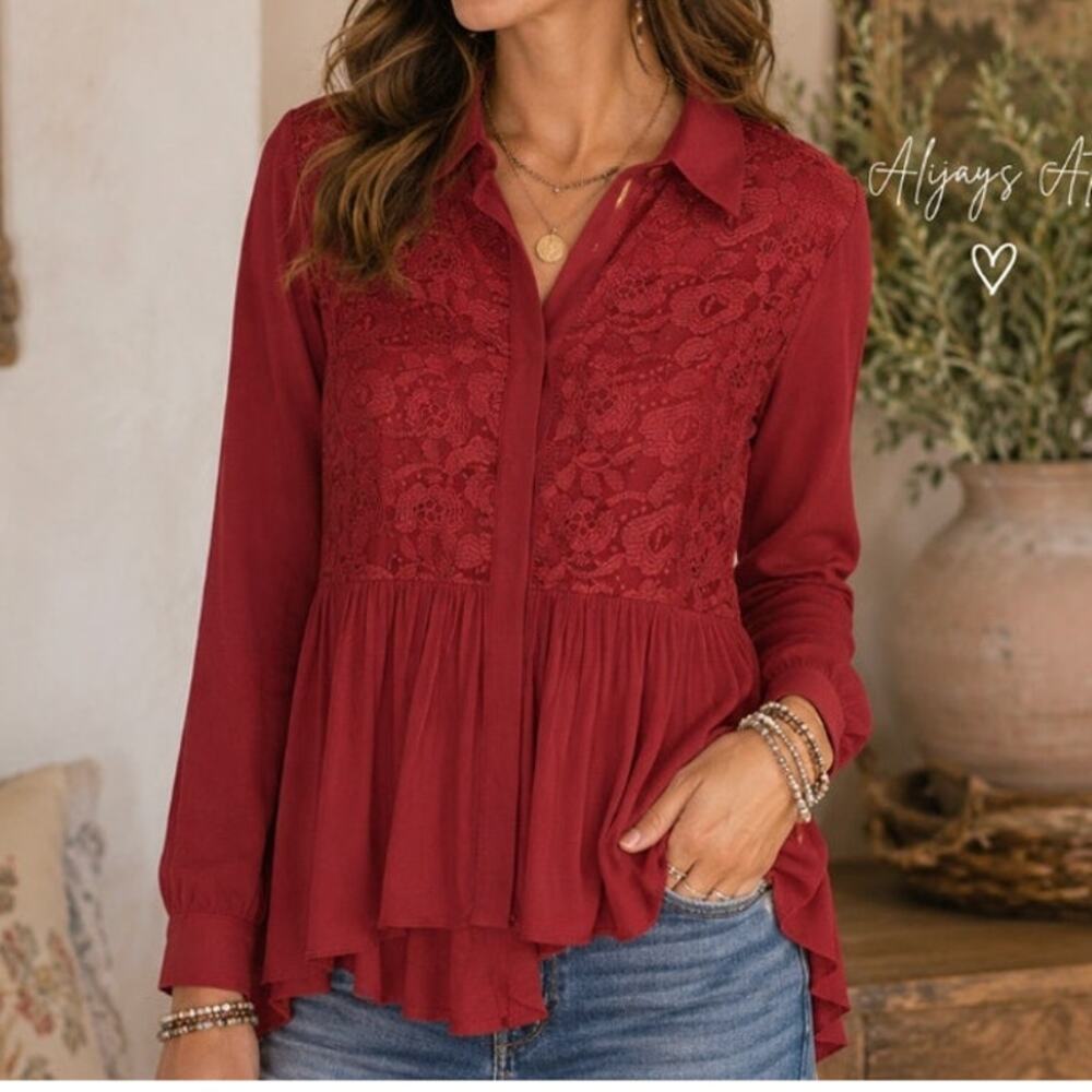 Sundance Rayon Lace Peplum Blouse Size XS Burgundy Boho Indie Western NWOT